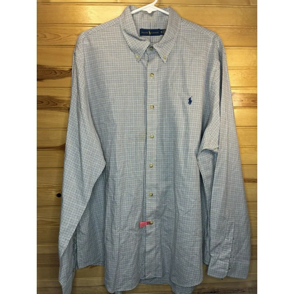 Ralph Lauren Button Down Shirt Men's 2XL XXL Blue & Brown on White Check Pattern